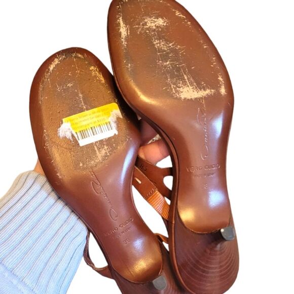 Vintage Y2K Oscar De La Renta Cognac Leather O Logo Thong Kitten Heel Size 7.5 - Picture 2 of 6
